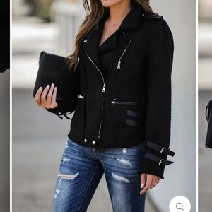 Buckle Up Pocketed Tweed Moto Jacket